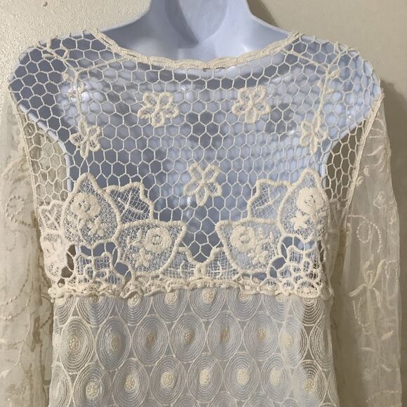 Cream Sheer Lace Crochet Fairycore Fairy Bohemian Hippie Boho Lagenlook Top M - Picture 5 of 7